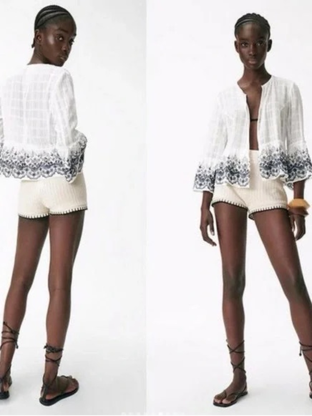 Zara White Textured Gauze Blouse with Black Label Accent